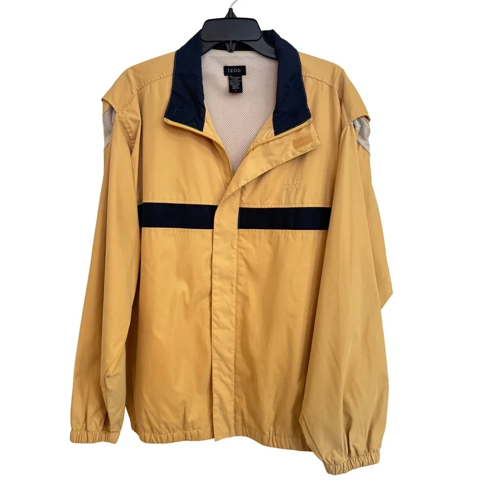 Izod Mens Windbreaker Jacket Tan Navy Blue Stripe Mesh Lined Full Zip Large‎